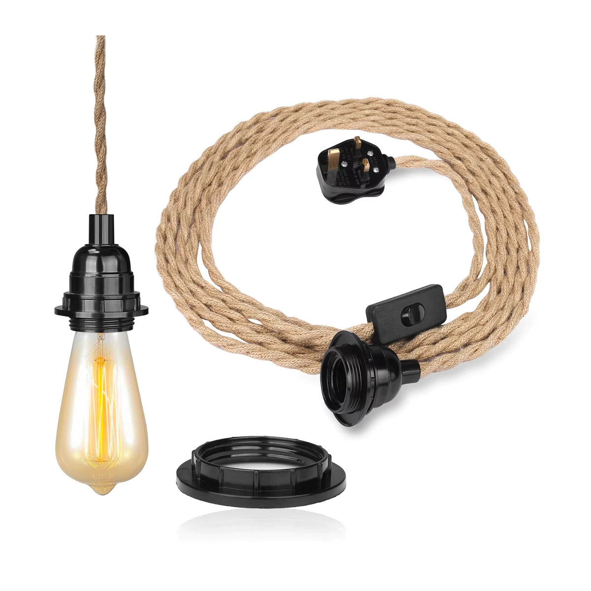 Vintage Pendelleuchte im Industrial-Stil mit grauem Seil und Dimmer, UK-Stecker - Bild 5