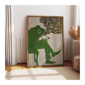 Vintage Poster Frosch raucht eine Zigarette von SHENCHEN in Grün als skurriles Tier-Wanddekor aus Papier