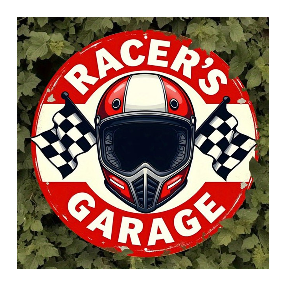 Vintage-Racer-Garage-Metallschild mit Rennflagge und Helmdesign in Rot zur Wandmontage - Bild 1