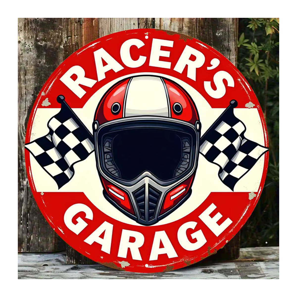Vintage-Racer-Garage-Metallschild mit Rennflagge und Helmdesign in Rot zur Wandmontage - Bild 2