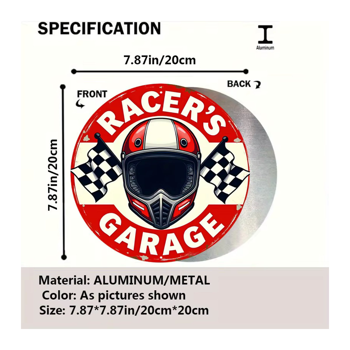 Vintage-Racer-Garage-Metallschild mit Rennflagge und Helmdesign in Rot zur Wandmontage - Bild 4