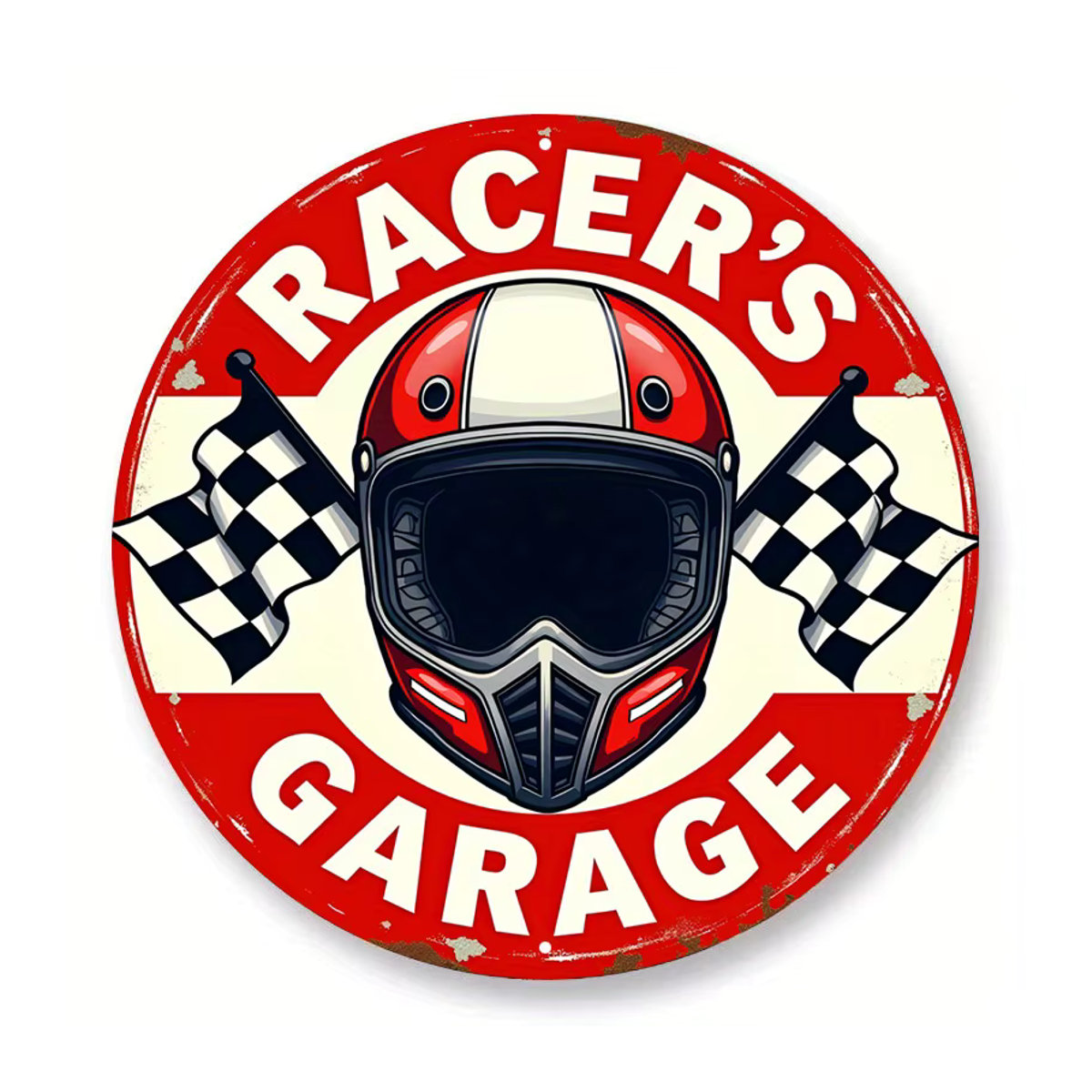 Vintage-Racer-Garage-Metallschild mit Rennflagge und Helmdesign in Rot zur Wandmontage - Bild 5