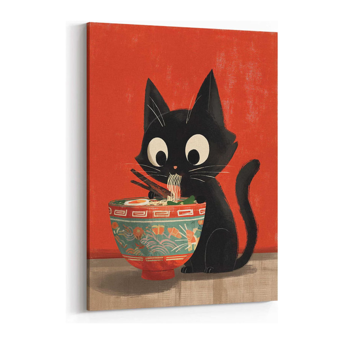 Vintage Ramen-Katzen-Poster von SHENCHEN in Rot als dekorative Tierkunst aus Papier im Hochformat - Bild 1