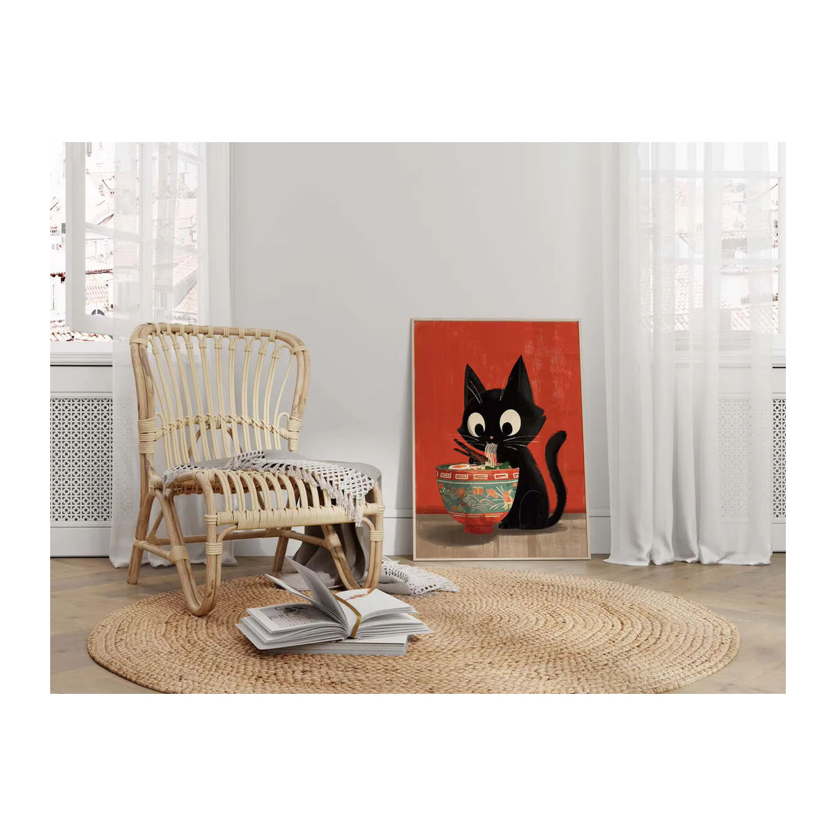 Vintage Ramen-Katzen-Poster von SHENCHEN in Rot als dekorative Tierkunst aus Papier im Hochformat - Bild 2