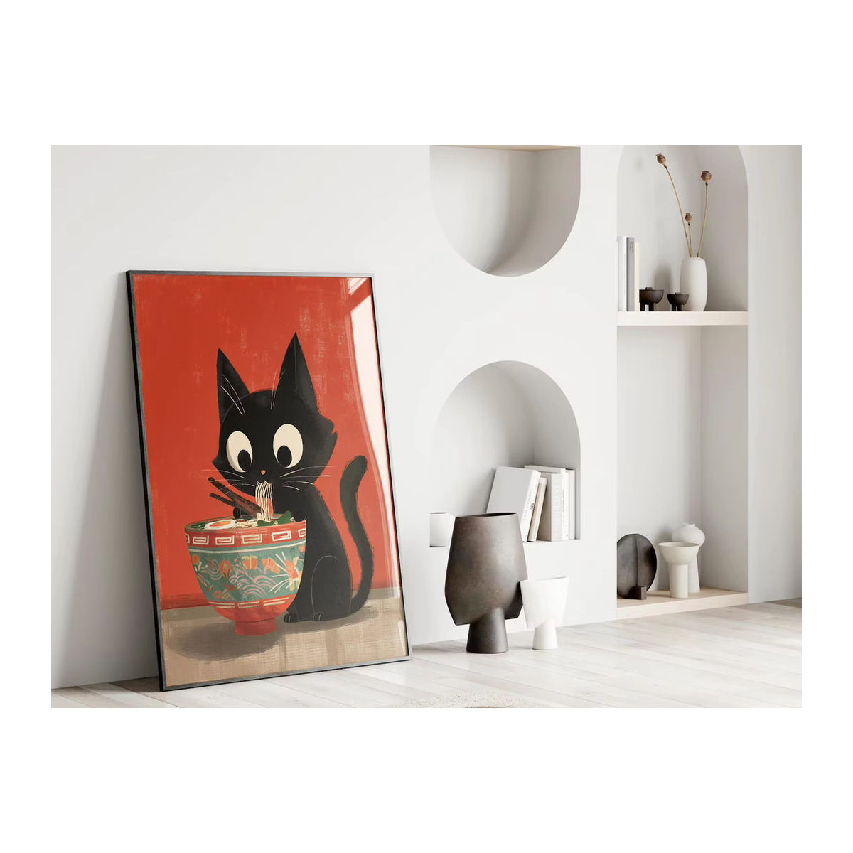 Vintage Ramen-Katzen-Poster von SHENCHEN in Rot als dekorative Tierkunst aus Papier im Hochformat - Bild 3