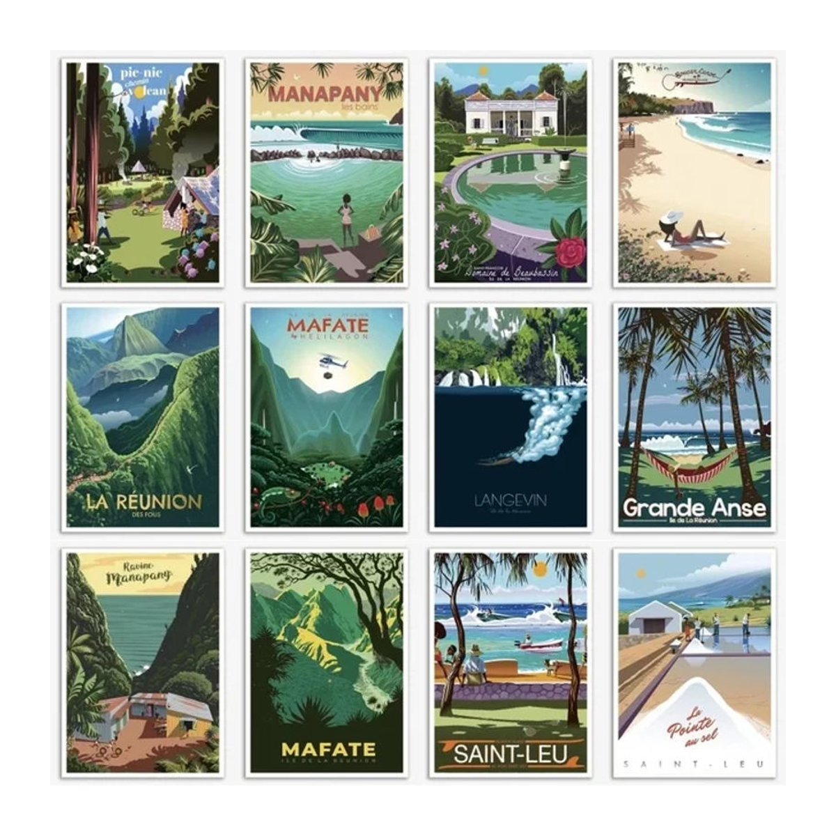 Vintage Reise Poster Reunion Insel Landschaft Wandkunst von Potdemiel als mehrfarbiger Leinwanddruck im Querformat - Bild 1