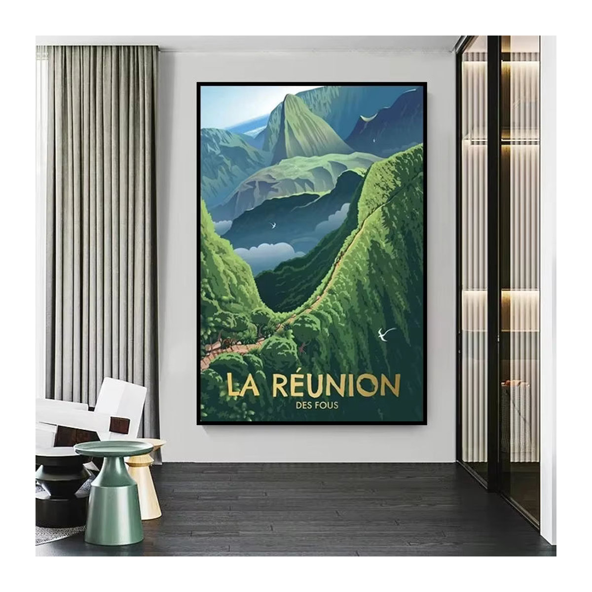 Vintage Reise Poster Reunion Insel Landschaft Wandkunst von Potdemiel als mehrfarbiger Leinwanddruck im Querformat - Bild 2
