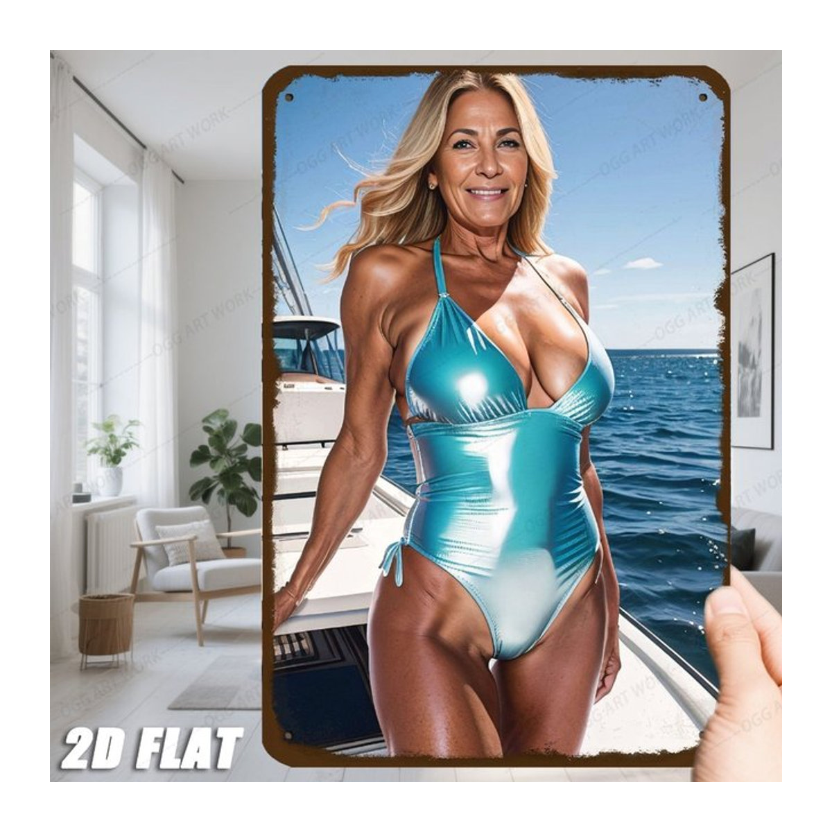 Vintage Retro Metall-Wandkunst CIFBUY Bikini-Strandfrau in Türkis und Blau, Rechteckiges Eisenschild zur Wandmontage, B/H: 30 x 30 cm - Bild 1