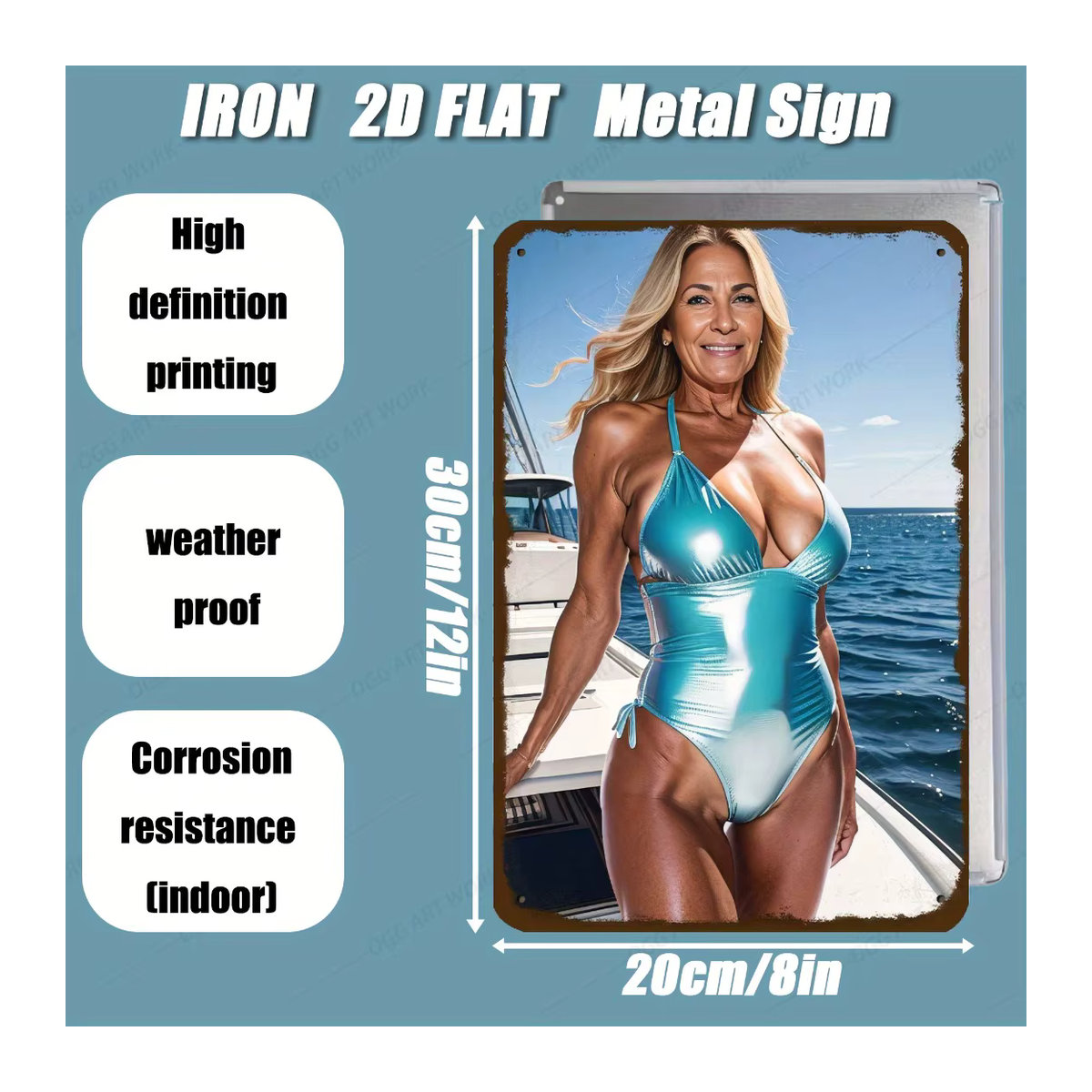 Vintage Retro Metall-Wandkunst CIFBUY Bikini-Strandfrau in Türkis und Blau, Rechteckiges Eisenschild zur Wandmontage, B/H: 30 x 30 cm - Bild 2