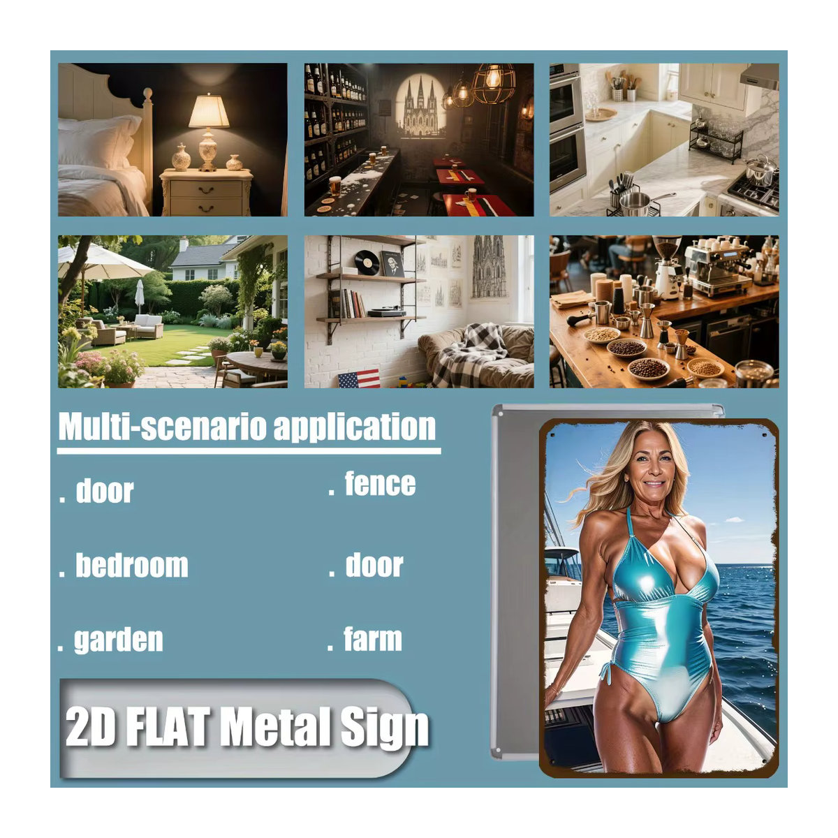 Vintage Retro Metall-Wandkunst CIFBUY Bikini-Strandfrau in Türkis und Blau, Rechteckiges Eisenschild zur Wandmontage, B/H: 30 x 30 cm - Bild 6