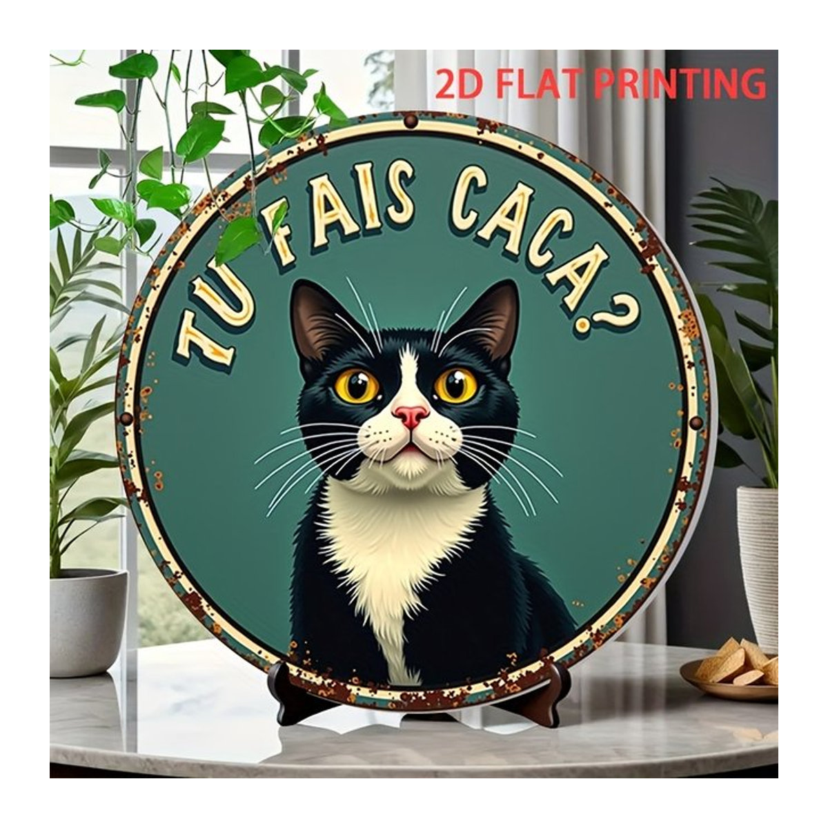 Vintage Retro Wandposter mit Katzenmotiv und französischem Spruch TU FAIS CACA in Blaugrün - Bild 1