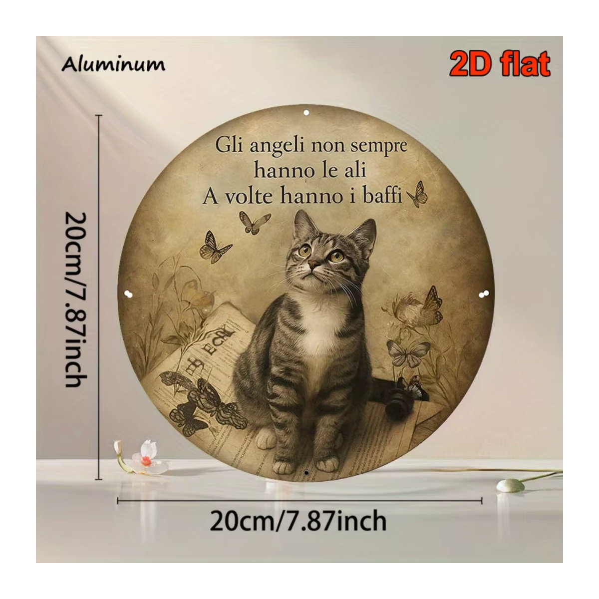 Vintage runde Metall-Wandkunst von CIFBUY mit Katzenmotiv in Beige, Durchmesser: 20 cm - Bild 2
