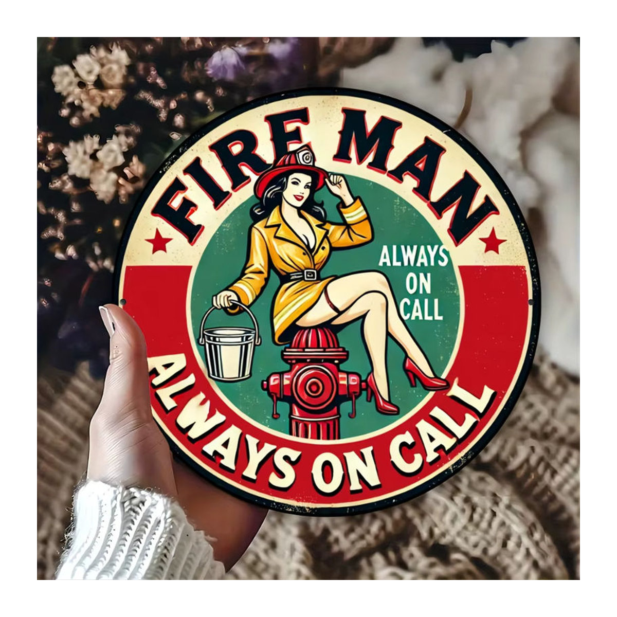 Vintage-Schild Hello Young Feuerwehrleute immer auf Standby – Rundes Metallschild für die Wanddekoration, mehrfarbig, Durchmesser: 20 cm - Bild 6