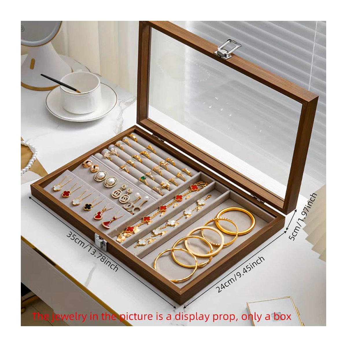 Vintage Schmuckbox aus Holz in Braun oder Beige als staubdichte Vitrine für Ringe, Halsketten, Ohrringe und Armbänder - Bild 6