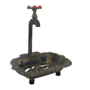 Vintage Seifenspender im Nostalgie-Stil mit antikem Wasserhahn aus Gusseisen, gräulich patiniert