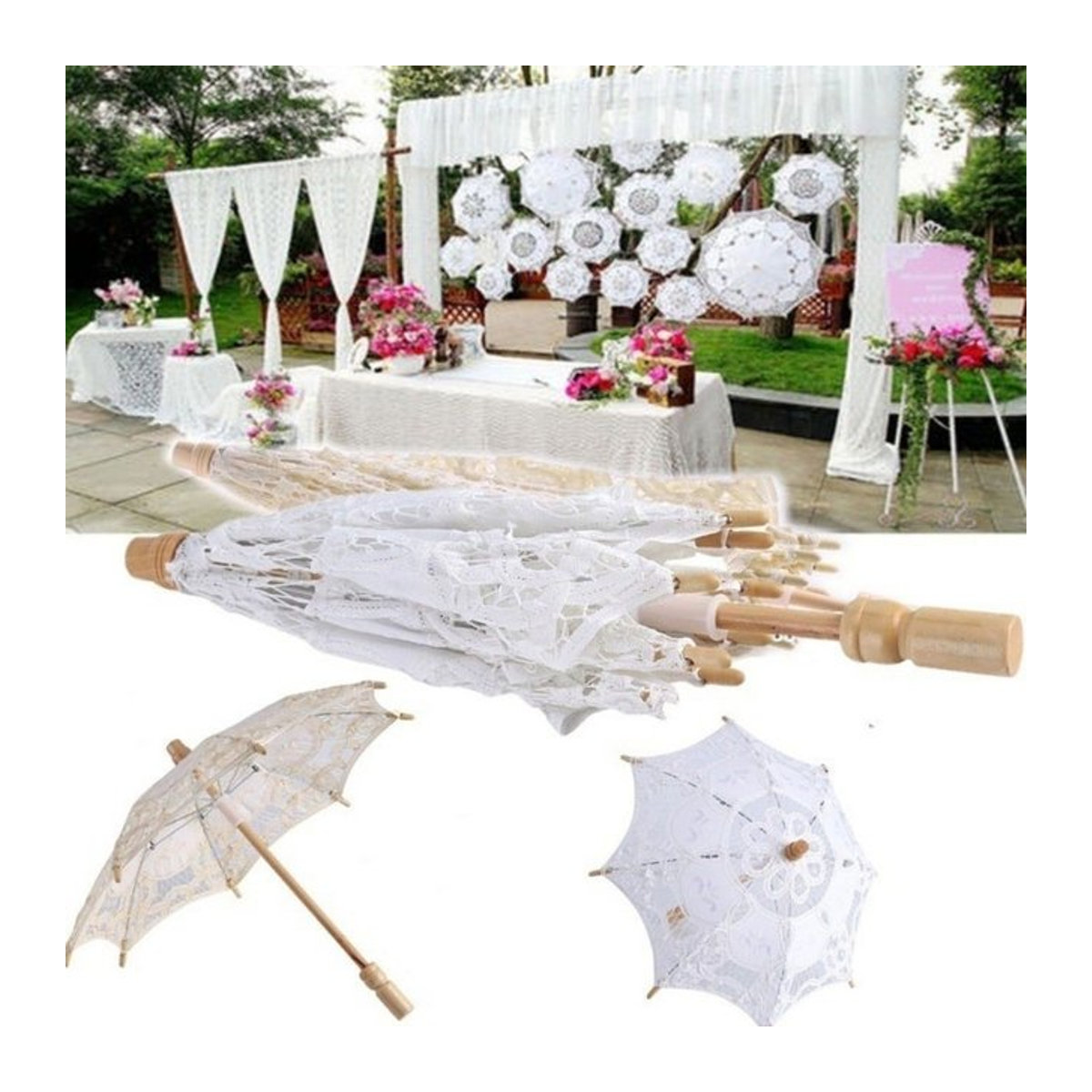 Vintage Spitzen-Sonnenschirm mit floraler Stickerei aus Baumwolle in Beige oder Weiß für Kinder und Hochzeiten - Bild 1