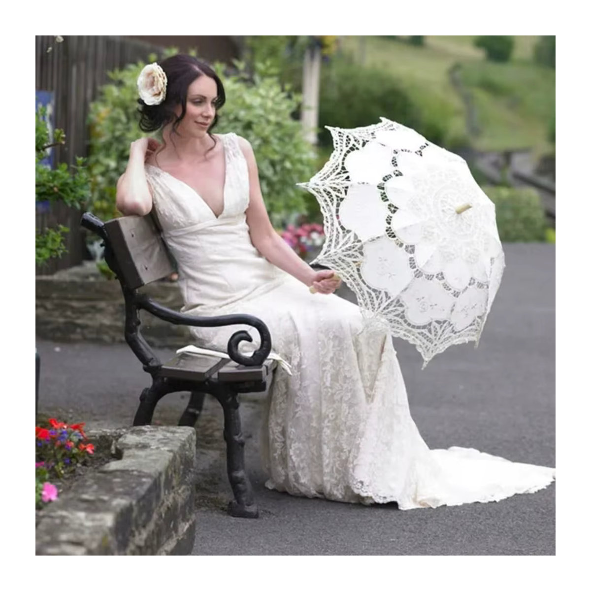 Vintage Spitzen-Sonnenschirm mit floraler Stickerei aus Baumwolle in Beige oder Weiß für Kinder und Hochzeiten - Bild 2