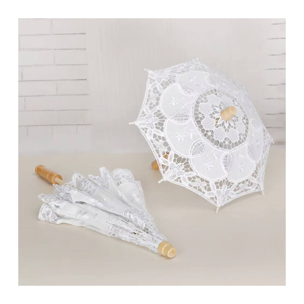 Vintage Spitzen-Sonnenschirm mit floraler Stickerei aus Baumwolle in Beige oder Weiß für Kinder und Hochzeiten - Bild 4