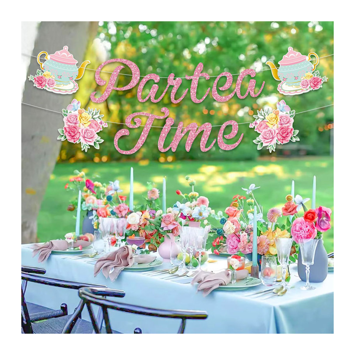 Vintage Teeparty Banner mit Blumen und Teekannen-Muster, mehrfarbiges Papier-Hängebanner zur Dekoration - Bild 1