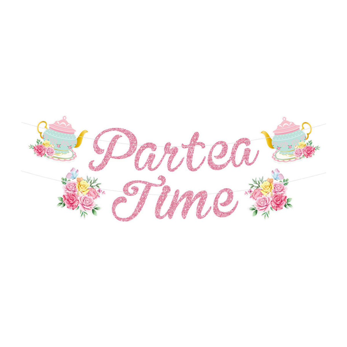 Vintage Teeparty Banner mit Blumen und Teekannen-Muster, mehrfarbiges Papier-Hängebanner zur Dekoration - Bild 2