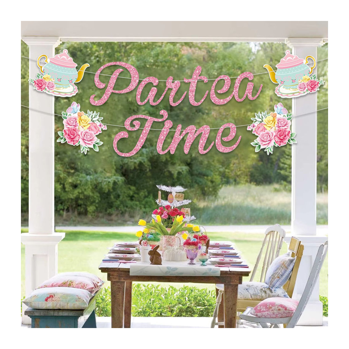 Vintage Teeparty Banner mit Blumen und Teekannen-Muster, mehrfarbiges Papier-Hängebanner zur Dekoration - Bild 3