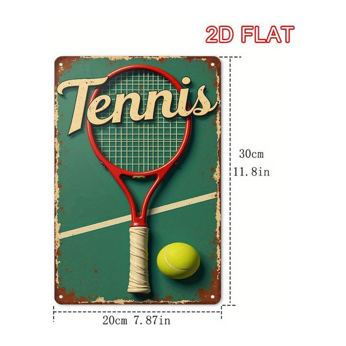 Vintage Tennis Metallschild Rechteckige Wanddekoration aus Eisen in Grün mit Schläger und Ball für die Wandmontage - Bild 1
