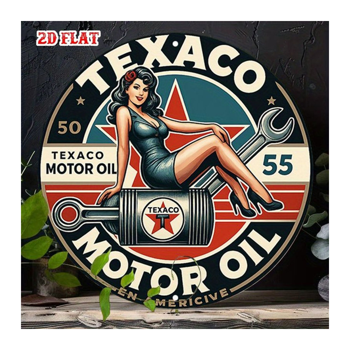 Vintage Texaco Öl Metallschild rund mit Mechaniker-Frau und Schraubenschlüssel Design, mehrfarbig - Bild 1