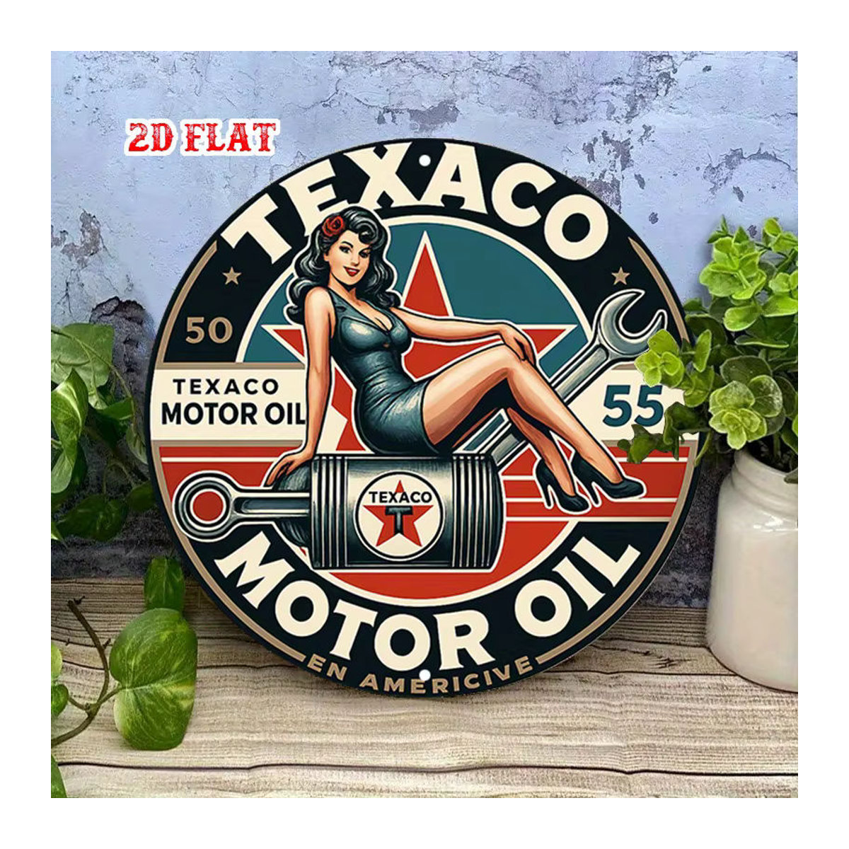 Vintage Texaco Öl Metallschild rund mit Mechaniker-Frau und Schraubenschlüssel Design, mehrfarbig - Bild 3