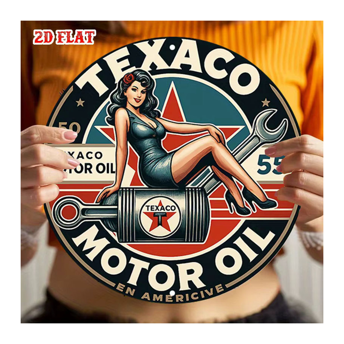 Vintage Texaco Öl Metallschild rund mit Mechaniker-Frau und Schraubenschlüssel Design, mehrfarbig - Bild 5