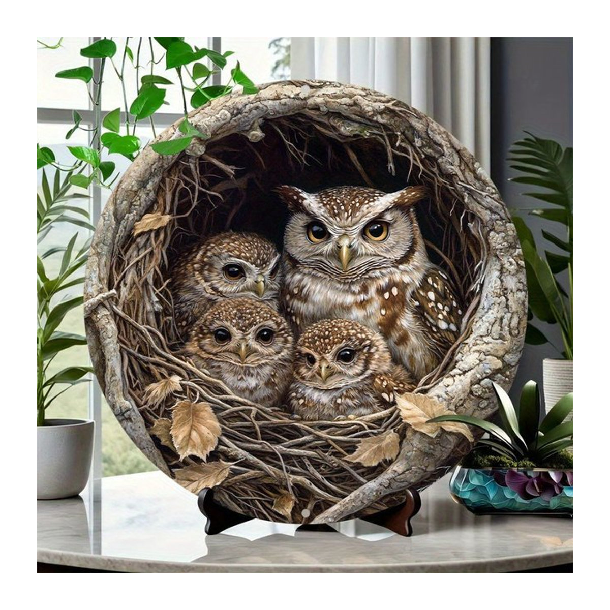 Vintage Tier Willkommensschild Rund mit Katzen Eulen und Schildkröten in Braun Durchmesser: 20,32 cm - Bild 1