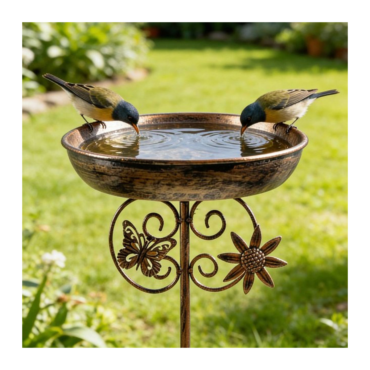 Vintage Vogelbad und Futterstation aus Metall in Kupferfarben, Doppelfunktion als Vogeltränke und Futterplatz für Garten und Hof, Höhe: 76,2 cm - Bild 1