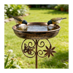 Vintage Vogelbad und Futterstation aus Metall in Kupferfarben, Doppelfunktion als Vogeltränke und Futterplatz für Garten und Hof, Höhe: 76,2 cm