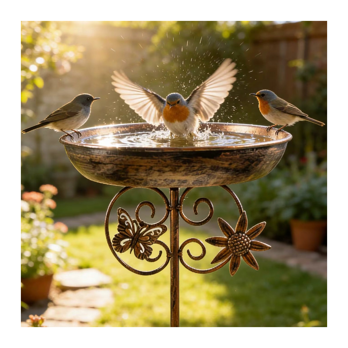 Vintage Vogelbad und Futterstation aus Metall in Kupferfarben, Doppelfunktion als Vogeltränke und Futterplatz für Garten und Hof, Höhe: 76,2 cm - Bild 2