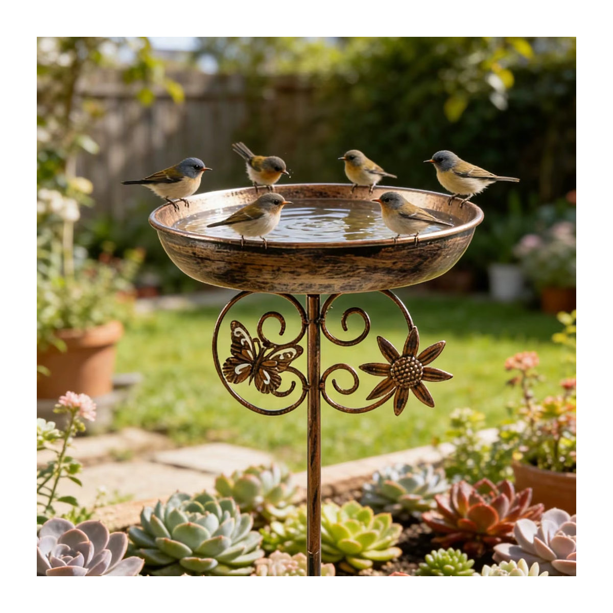 Vintage Vogelbad und Futterstation aus Metall in Kupferfarben, Doppelfunktion als Vogeltränke und Futterplatz für Garten und Hof, Höhe: 76,2 cm - Bild 3