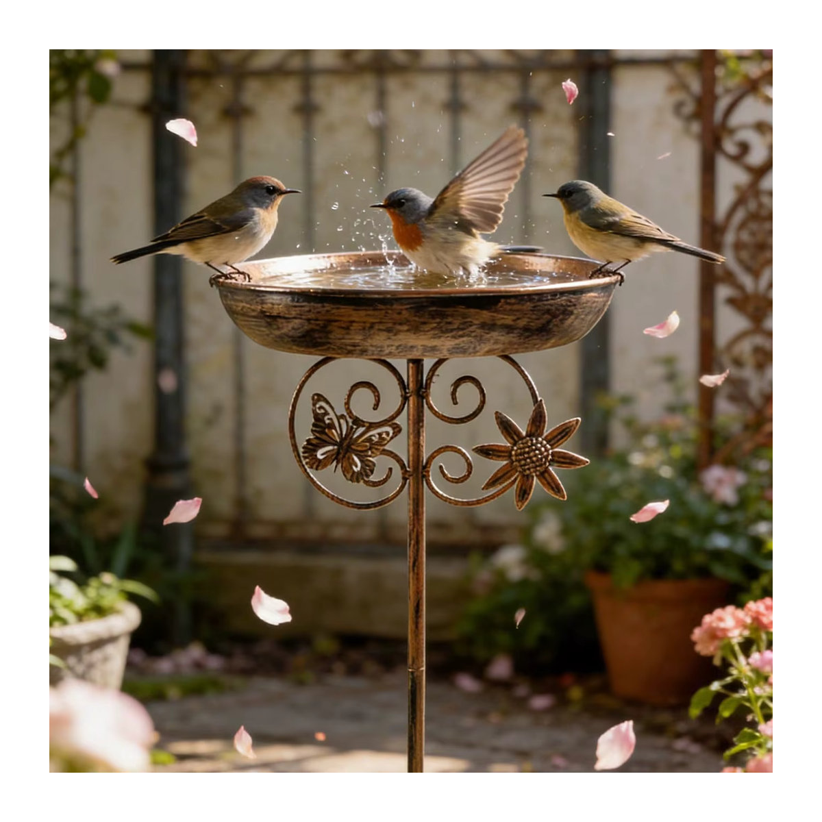 Vintage Vogelbad und Futterstation aus Metall in Kupferfarben, Doppelfunktion als Vogeltränke und Futterplatz für Garten und Hof, Höhe: 76,2 cm - Bild 4