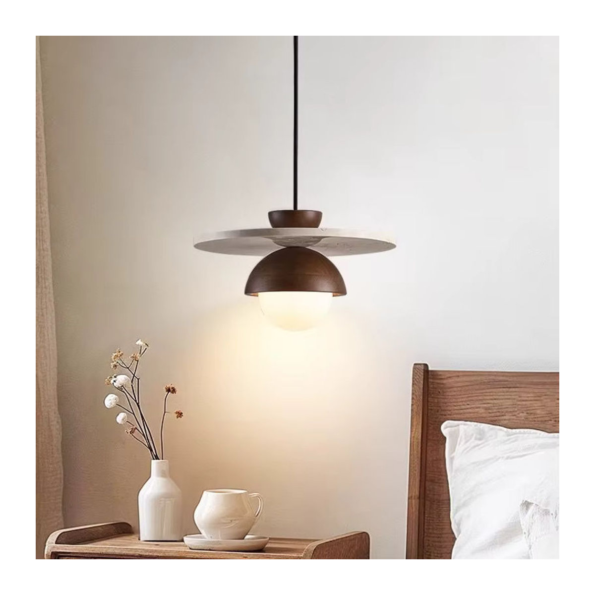 Vintage Wabi-Sabi Travertine Pendelleuchte im minimalistischen Retro-Design mit Walnuss-Finish - Bild 3