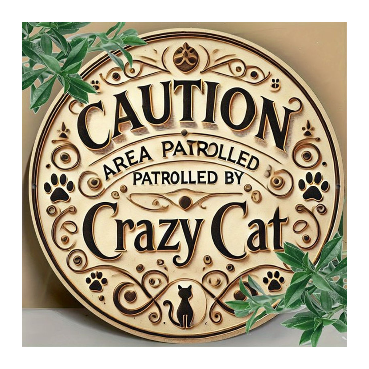 Vintage Wanddeko Potdemiel Rund aus Metall und Holz in Silber und Beige mit Motiv CUTION Area Patrolled by Crazy Cat - Bild 1