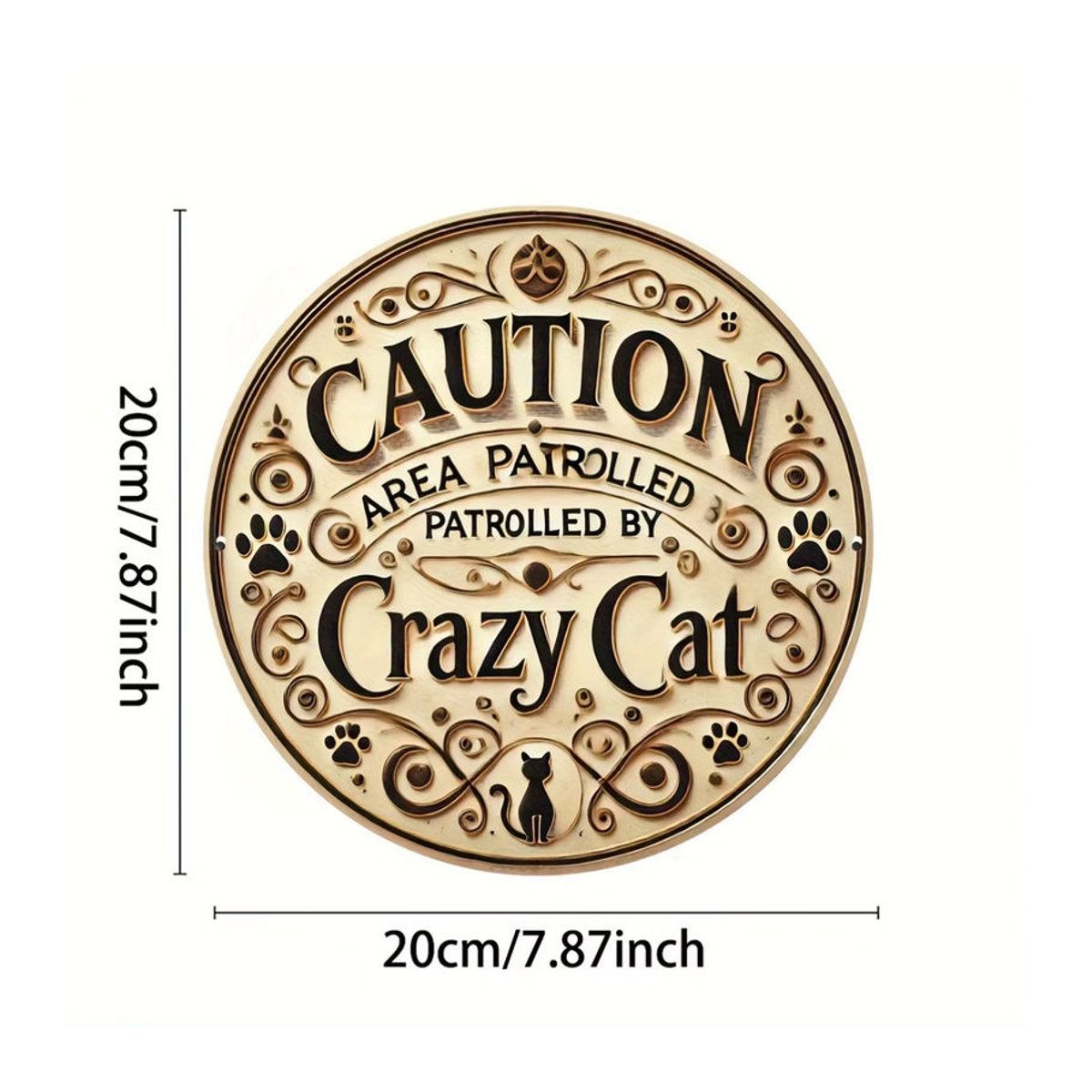 Vintage Wanddeko Potdemiel Rund aus Metall und Holz in Silber und Beige mit Motiv CUTION Area Patrolled by Crazy Cat - Bild 2