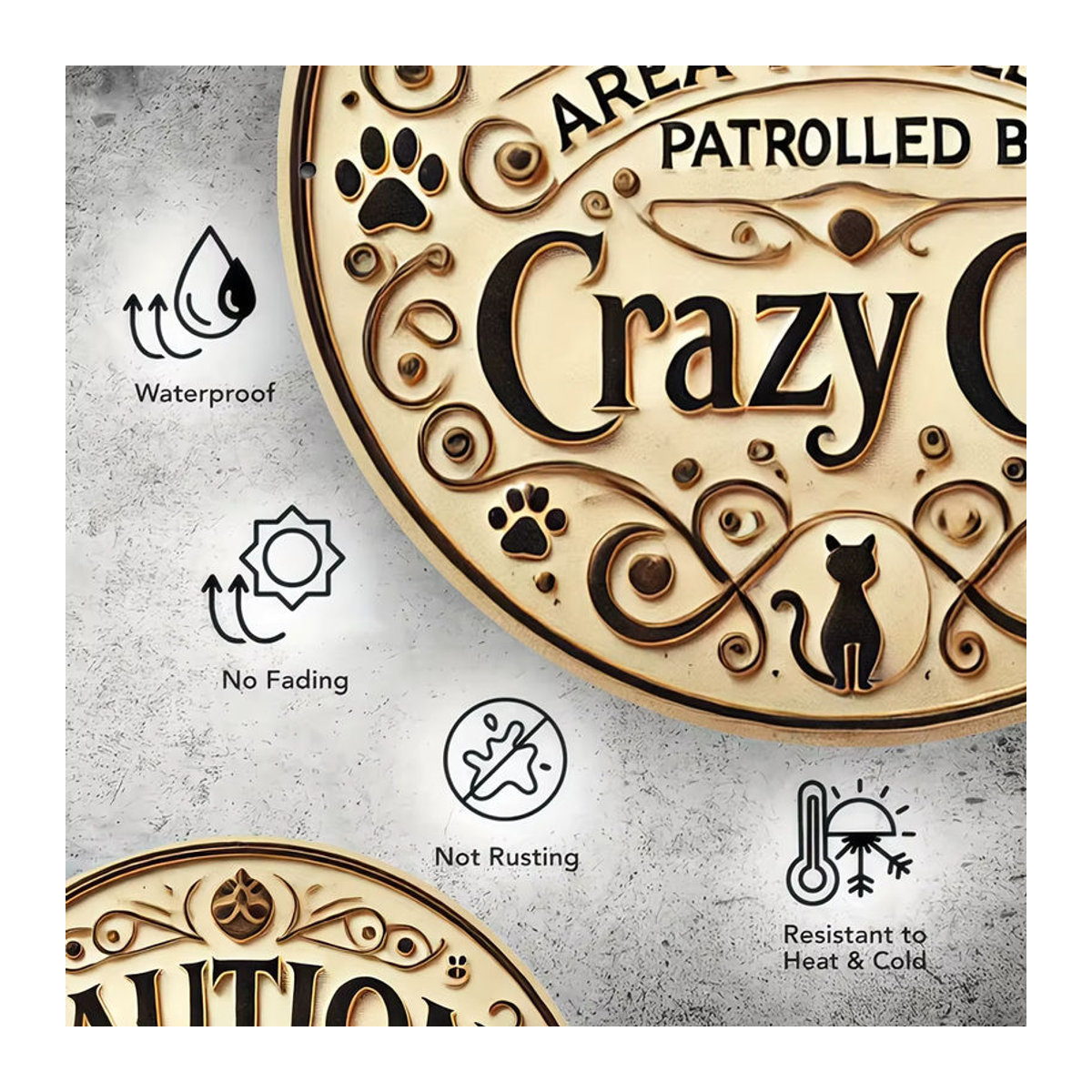 Vintage Wanddeko Potdemiel Rund aus Metall und Holz in Silber und Beige mit Motiv CUTION Area Patrolled by Crazy Cat - Bild 3