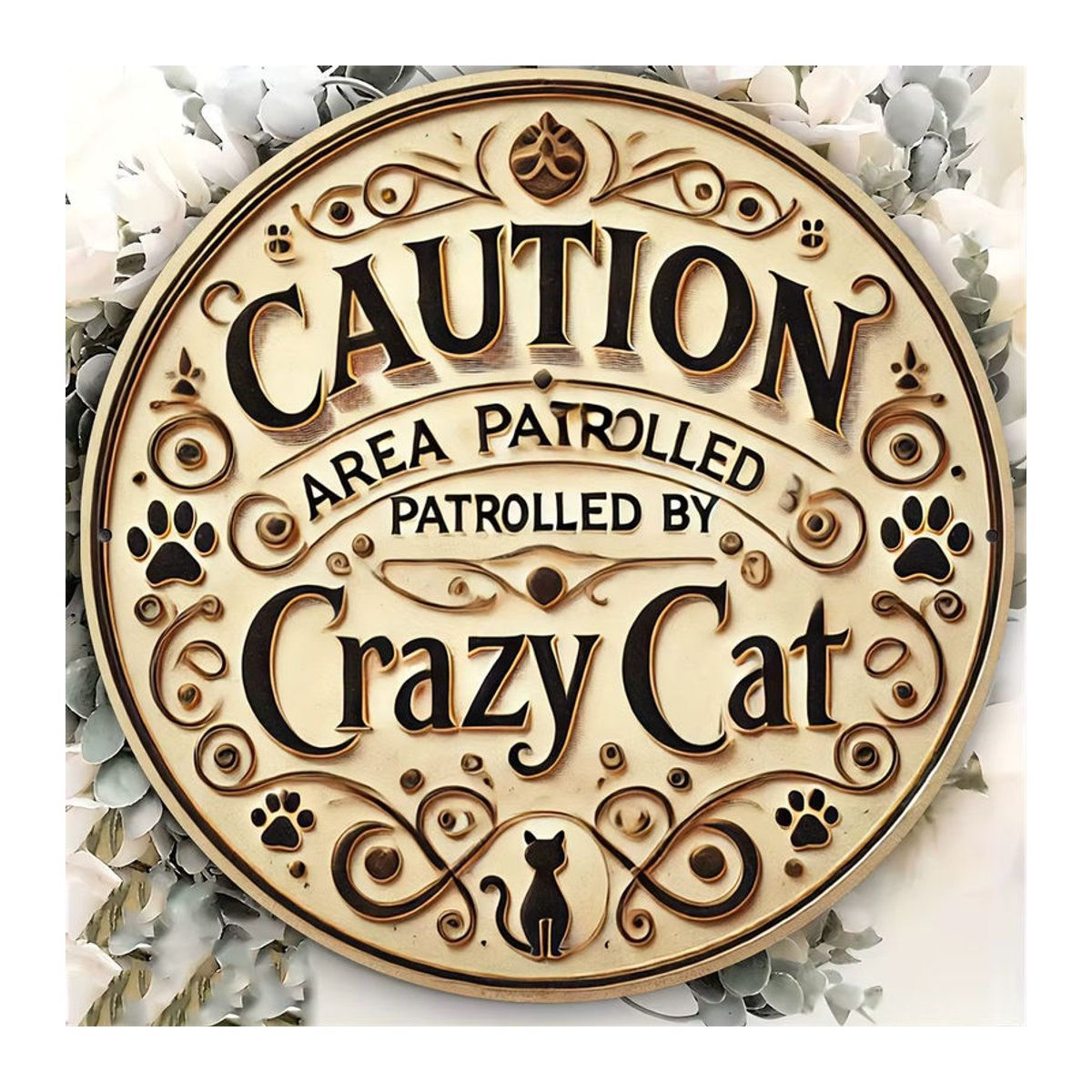 Vintage Wanddeko Potdemiel Rund aus Metall und Holz in Silber und Beige mit Motiv CUTION Area Patrolled by Crazy Cat - Bild 4