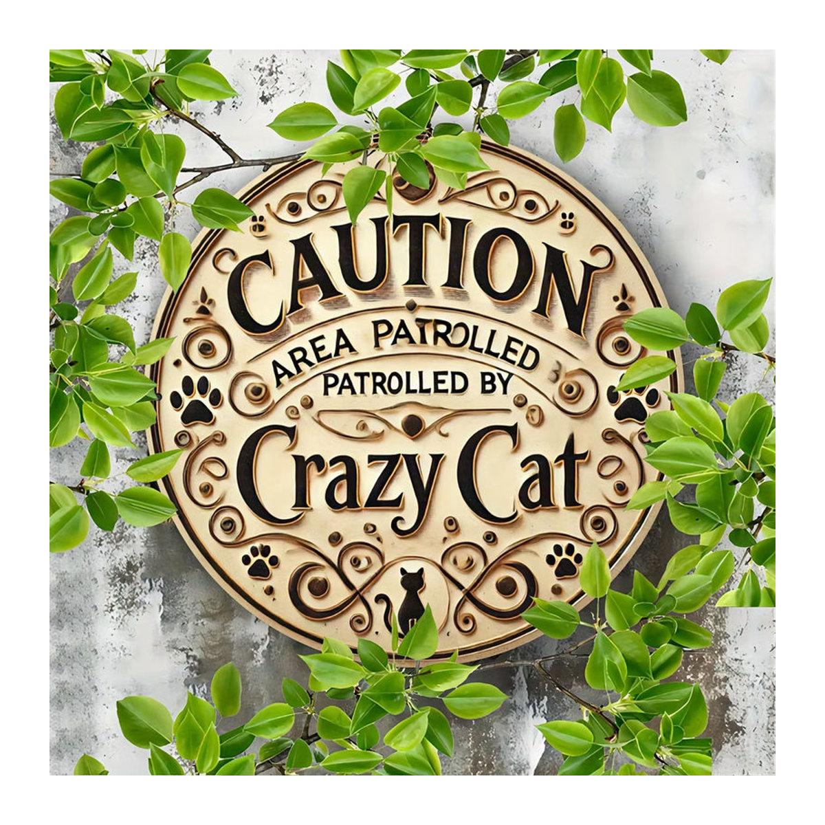 Vintage Wanddeko Potdemiel Rund aus Metall und Holz in Silber und Beige mit Motiv CUTION Area Patrolled by Crazy Cat - Bild 5