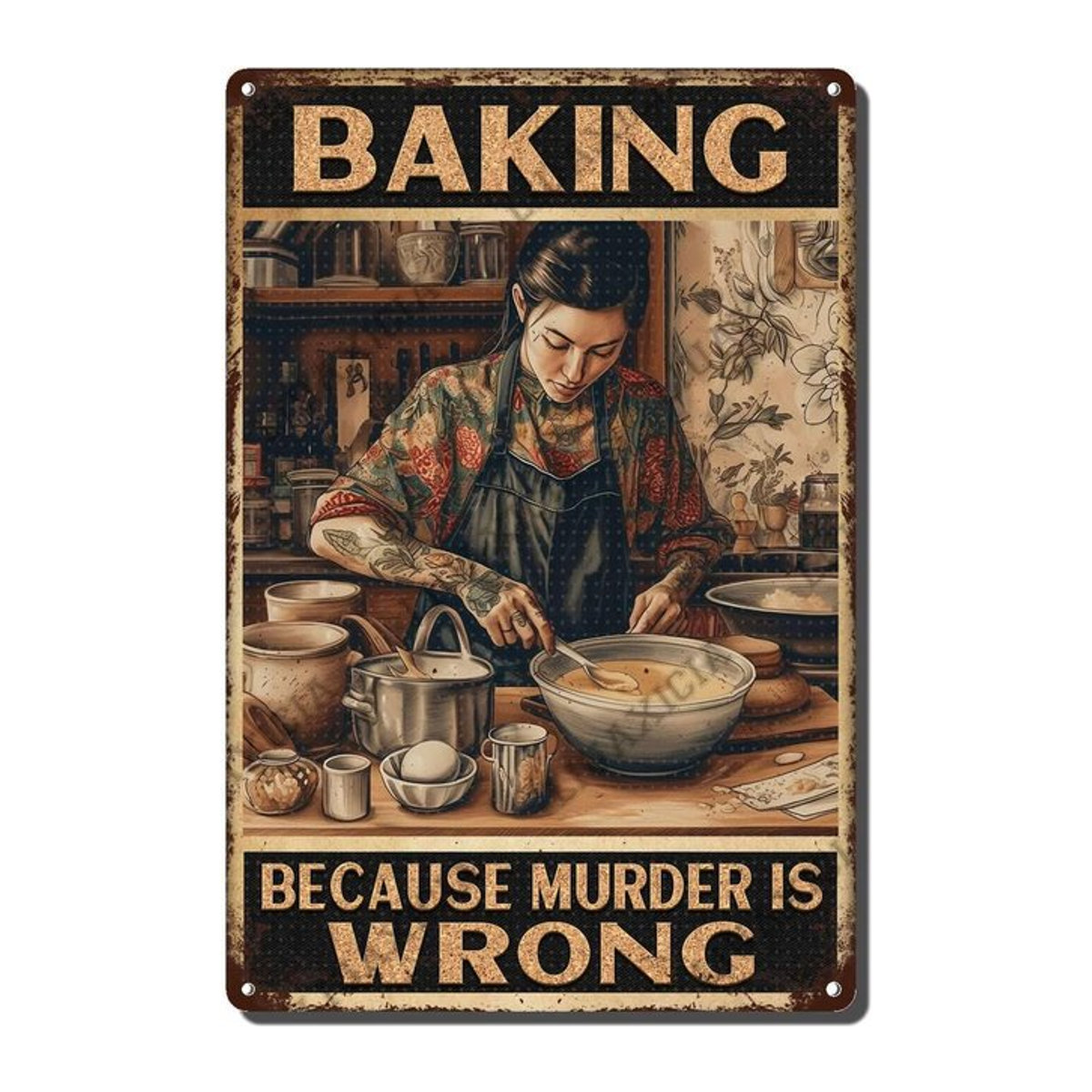 Vintage Wanddekoration aus Metall von MINISO mit Motiv Backen weil Mord falsch ist, mehrfarbig, B/H: 20 x 30 cm - Bild 1