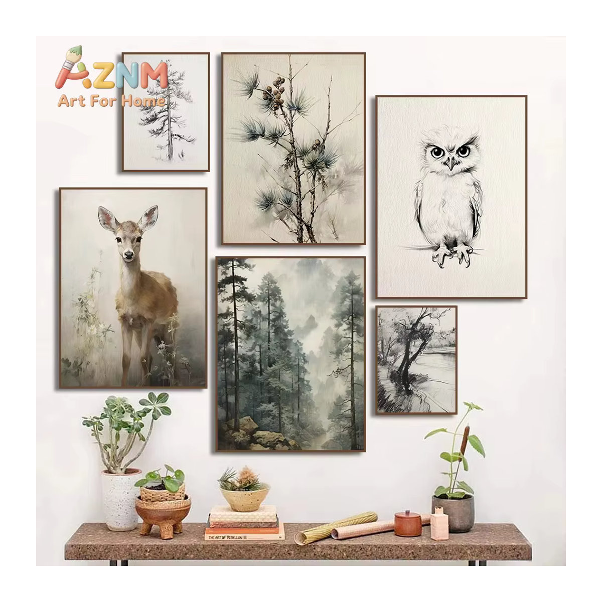 Vintage Wanddekoration Potdemiel Leinwanddruck mit Waldmotiven in Beige und Naturtönen für dein Kinderzimmer - Bild 2