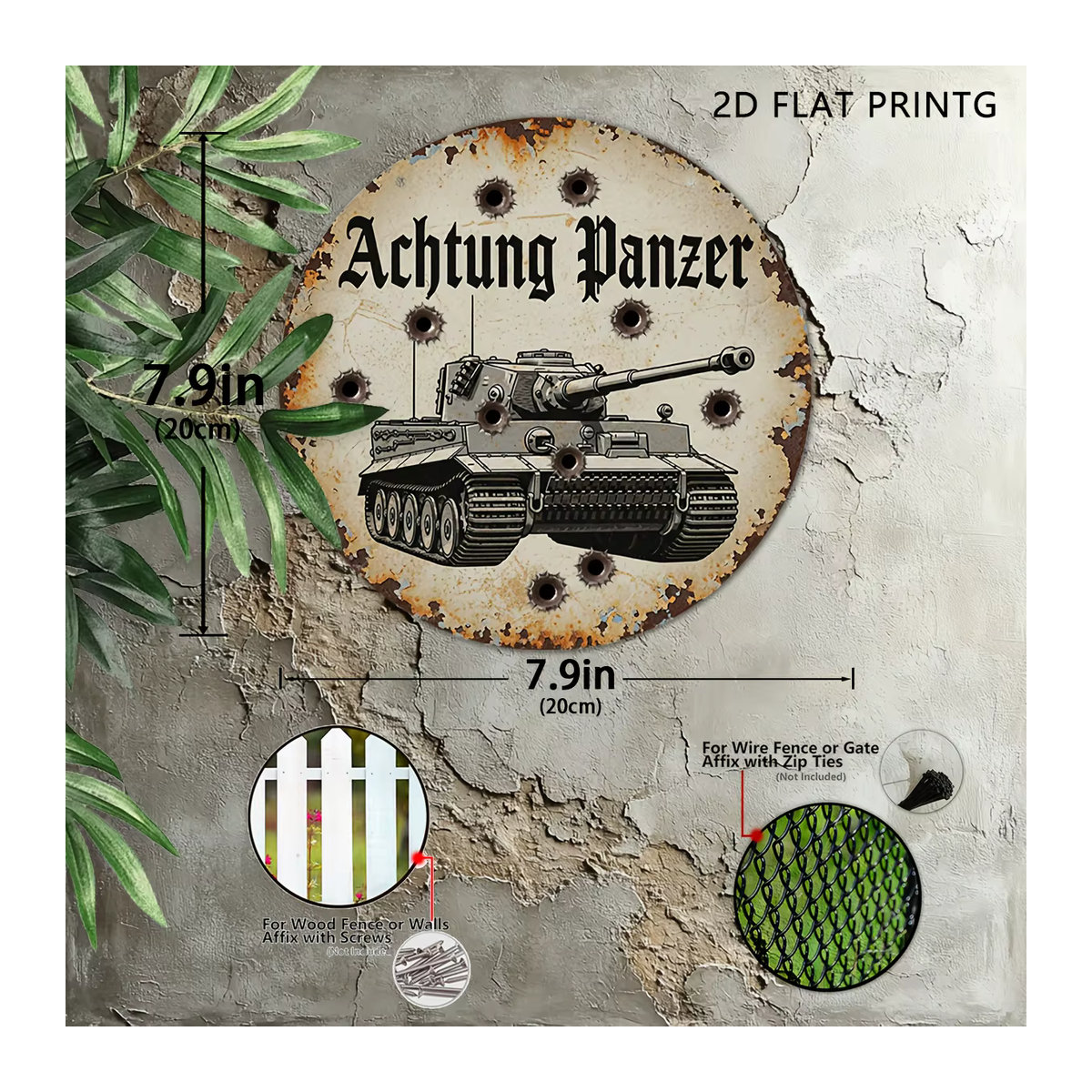 Vintage Wandkunst Aluminiumschild CIFBUY mit deutschem Panzer, rund, Creme, Durchmesser: 20 cm - Bild 3