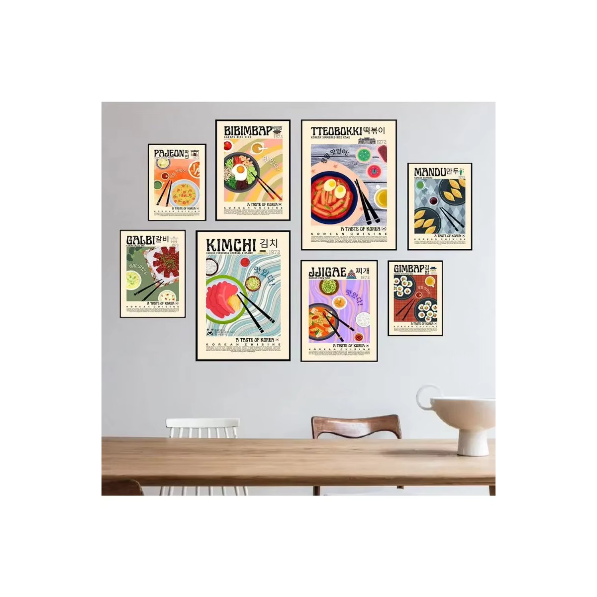 Vintage Wandkunst Leinwandmalerei mit koreanischen Speisen Gimbap Kimchi Bibimbap Tteokbokki als modernes Poster in Mehrfarbig für deine Küche - Bild 1