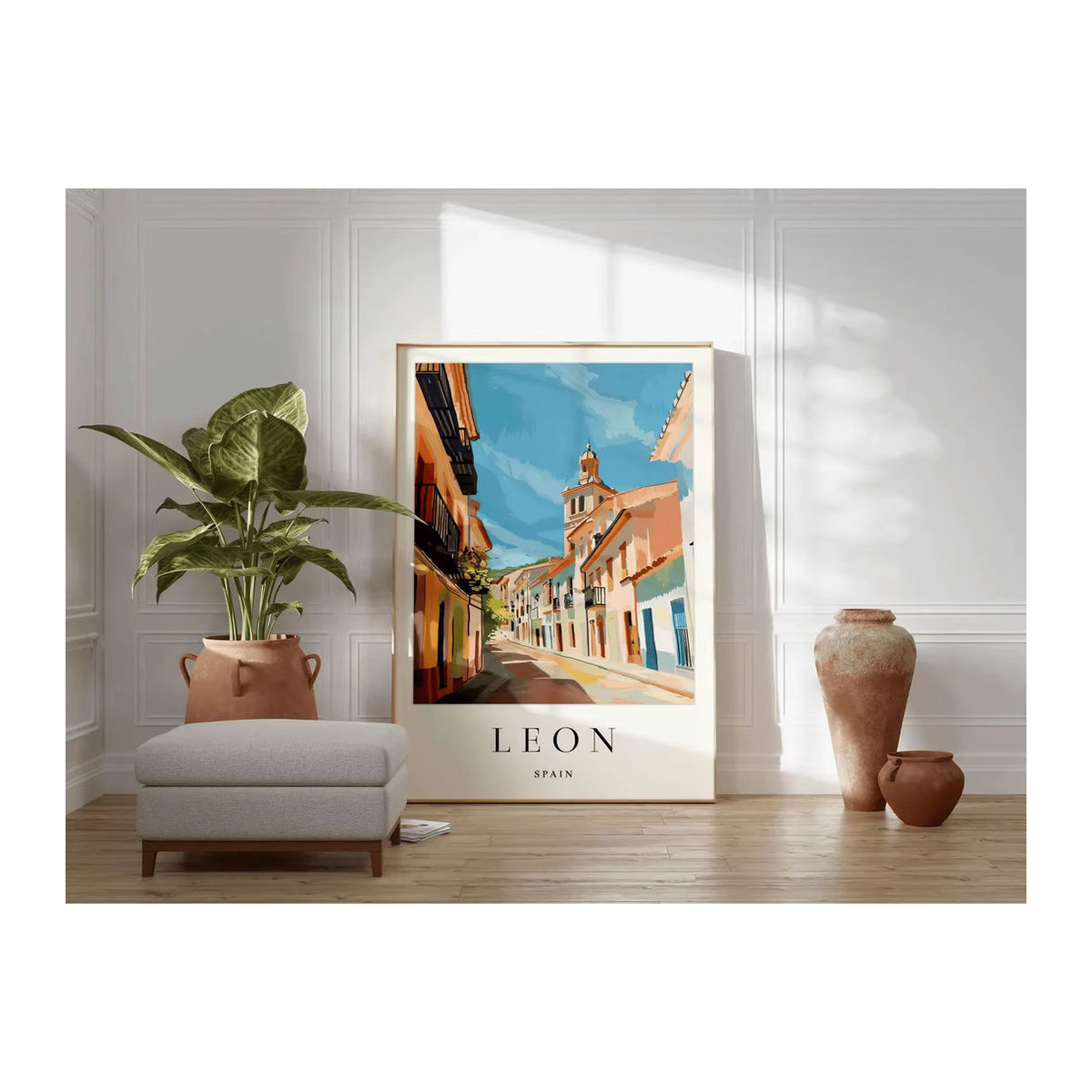 Vintage Wandkunst Poster Leon Spanien mit Kathedrale als Reisedruck in mehrfarbigem Design auf Papier - Bild 1