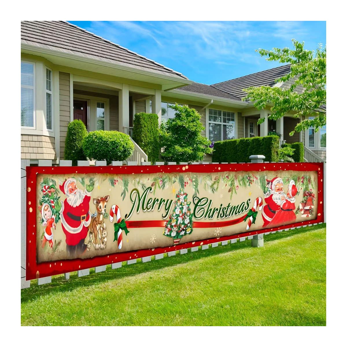 Vintage Weihnachts Banner Frohe Weihnachten als hängende Dekoration für den Außenbereich, mehrfarbig, B: 300 cm x H: 30 cm - Bild 2