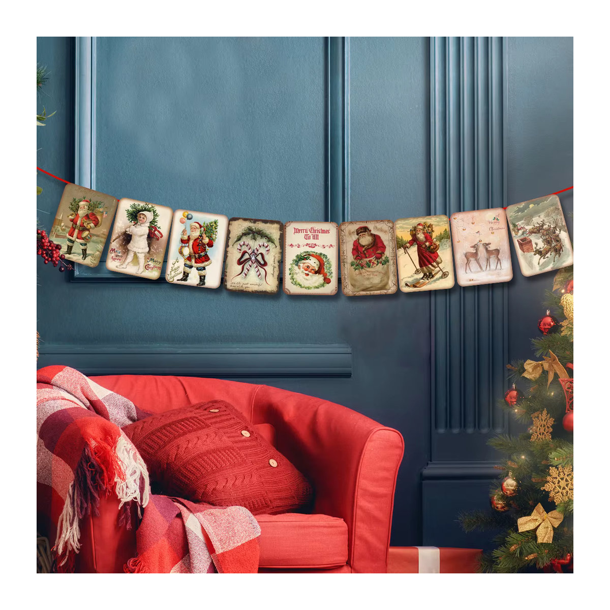 Vintage Weihnachtsbanner von joy-enlife als hängende Wimpelkette mit Weihnachtsmann, Schneemann und Elch in Mehrfarbig - Bild 3