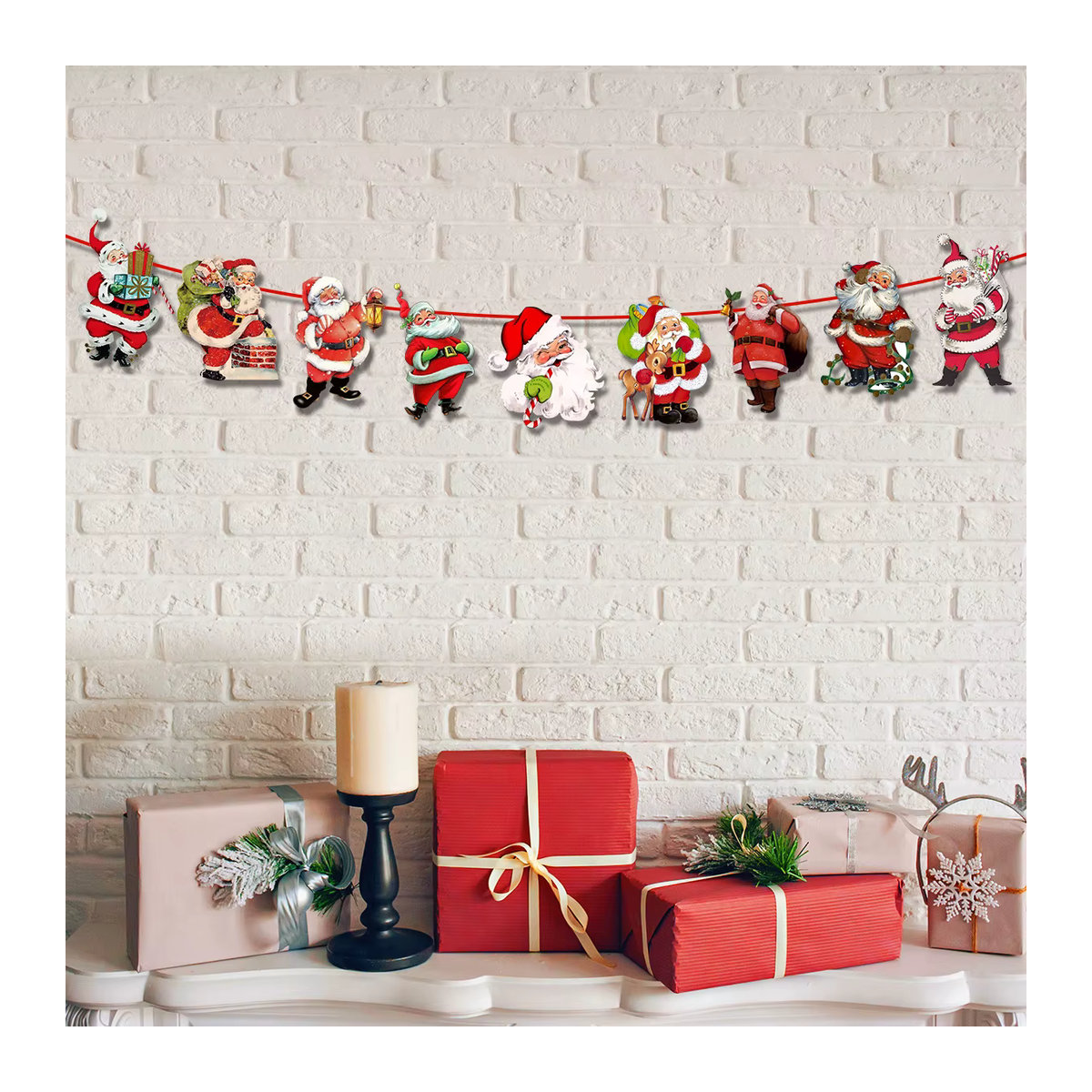Vintage Weihnachtsbanner von joy-enlife als hängende Wimpelkette mit Weihnachtsmann, Schneemann und Elch in Mehrfarbig - Bild 4