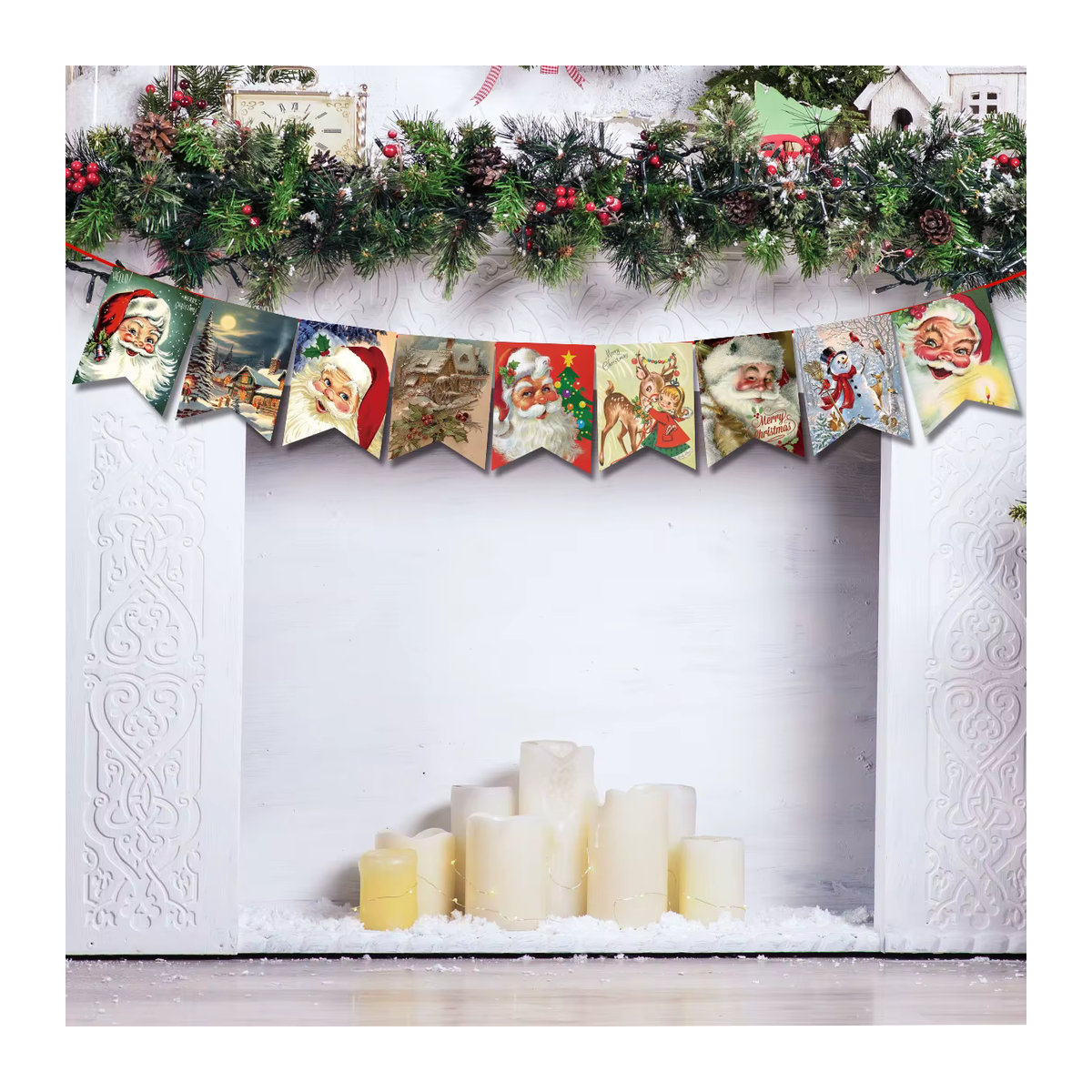 Vintage Weihnachtsbanner von joy-enlife als hängende Wimpelkette mit Weihnachtsmann, Schneemann und Elch in Mehrfarbig - Bild 5